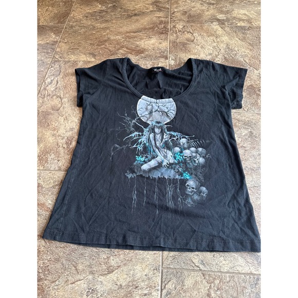 RARE Vintage Y2K Trick Fairy Skulls Graphic Black Baby Tee Hot Topic Goth XL - Picture 1 of 8